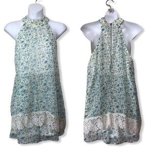 EUC - Judith March Halter Blue Floral Crochet Lined Romper Size Small